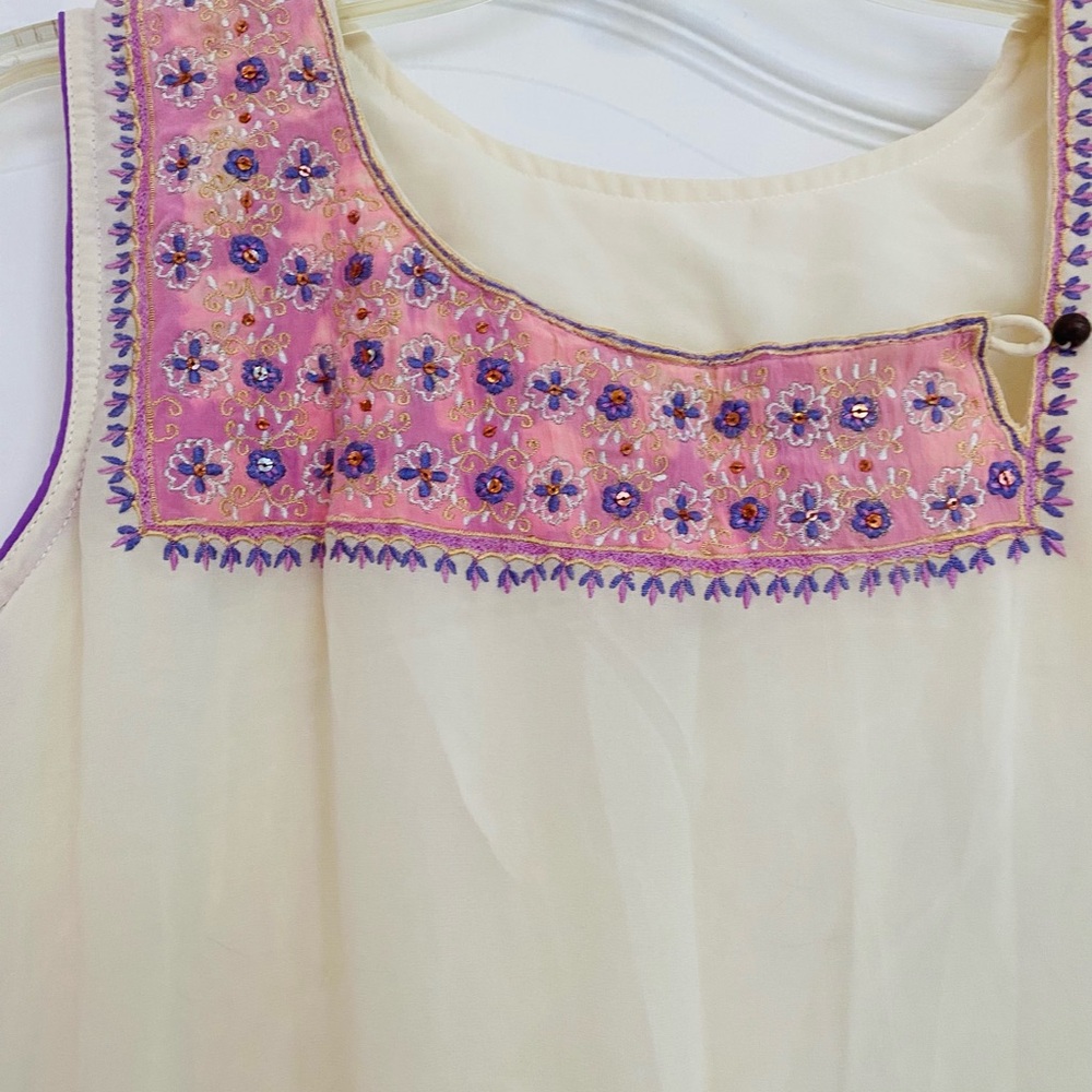 Embroidered Cream Sleeveless Top with Pink Floral Yoke